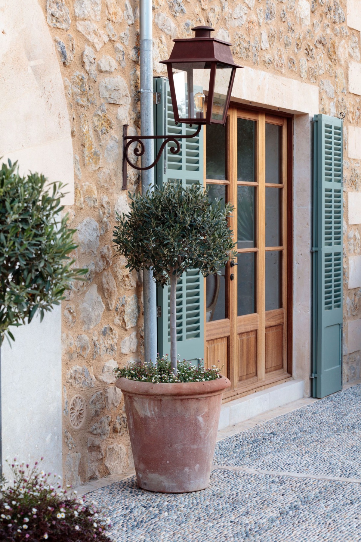 A lantern and a potted olive at a shuttered doorway, Mallorca